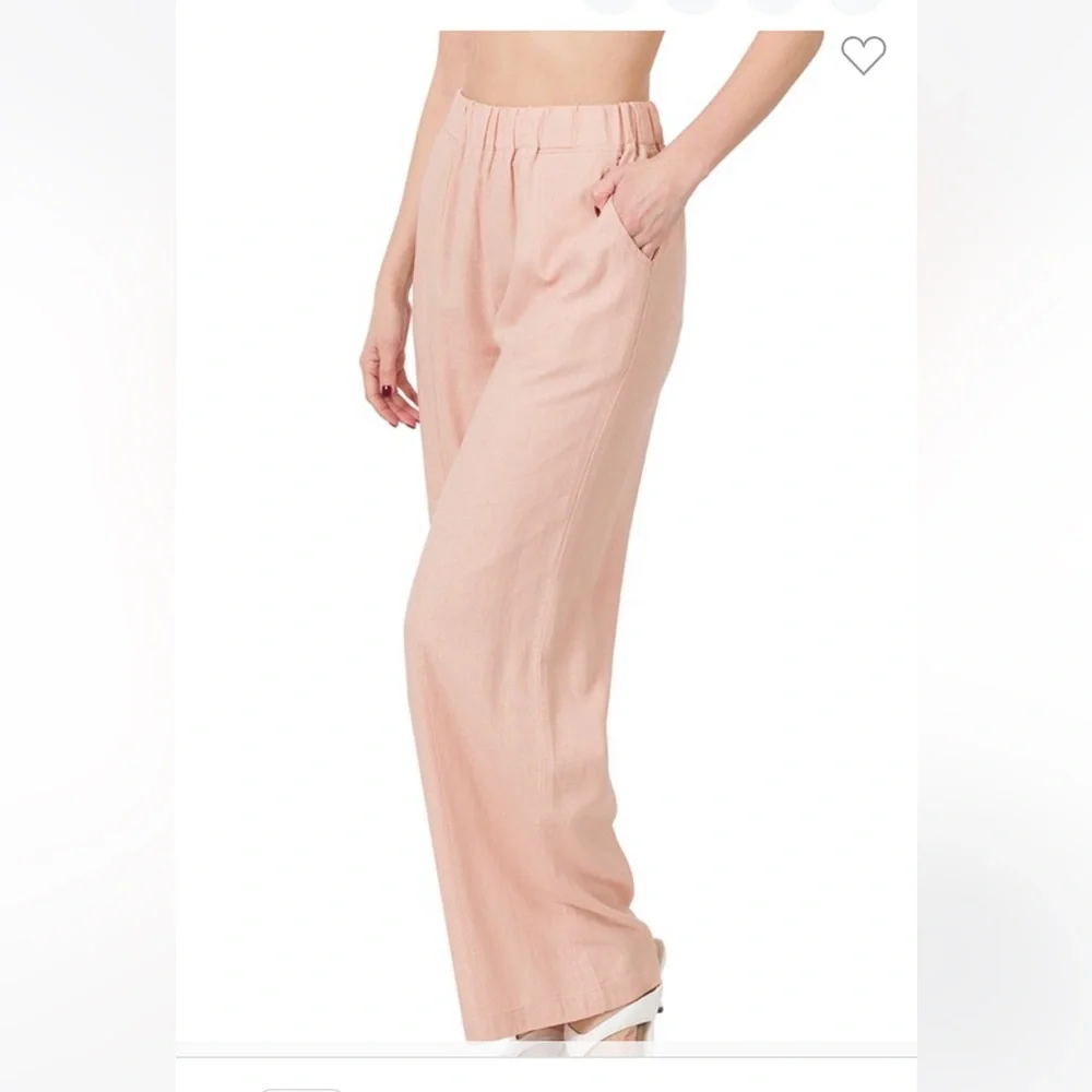 Plus & Regular Size Dusty Blush Linen Relaxed Fit Wide Leg Casual Pants - Picture 2 of 9